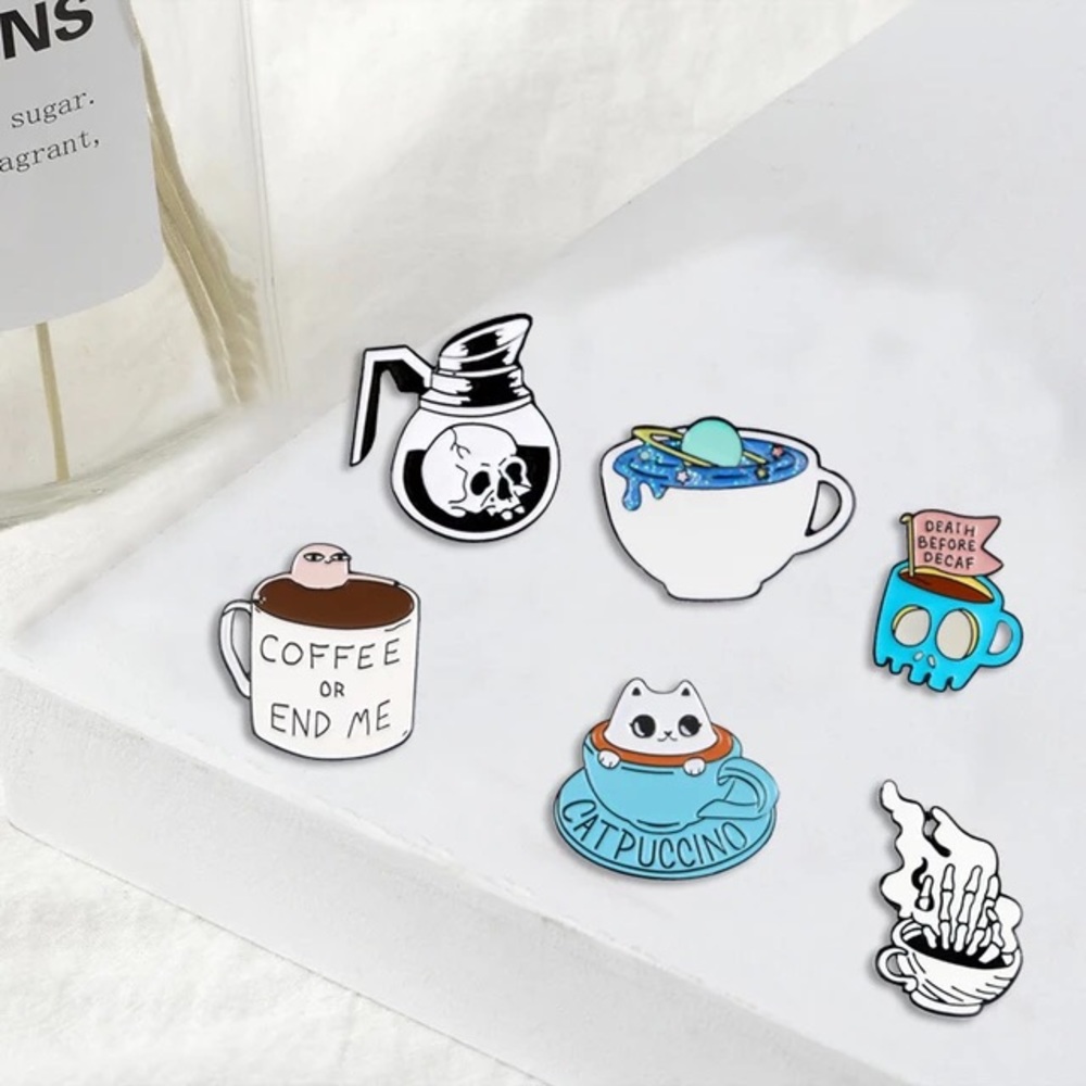 Funny Skull Coffee Mug Cup “Death Before Decaf” Metal Enamel Pin Brooch - Picture 7 of 8